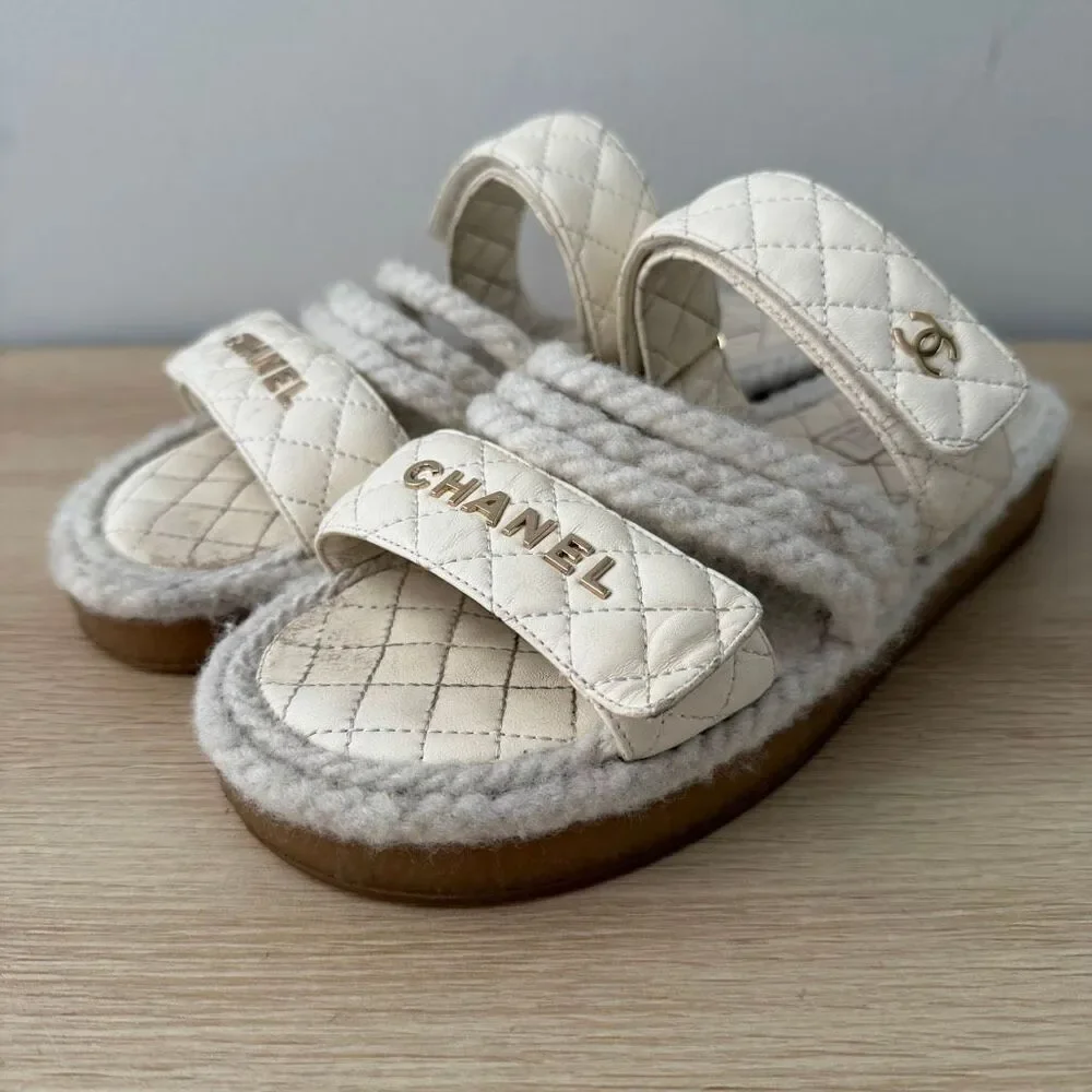 Chanel Interlocking CC Logo Quilted Leather and Rope Slide Sandals 40
